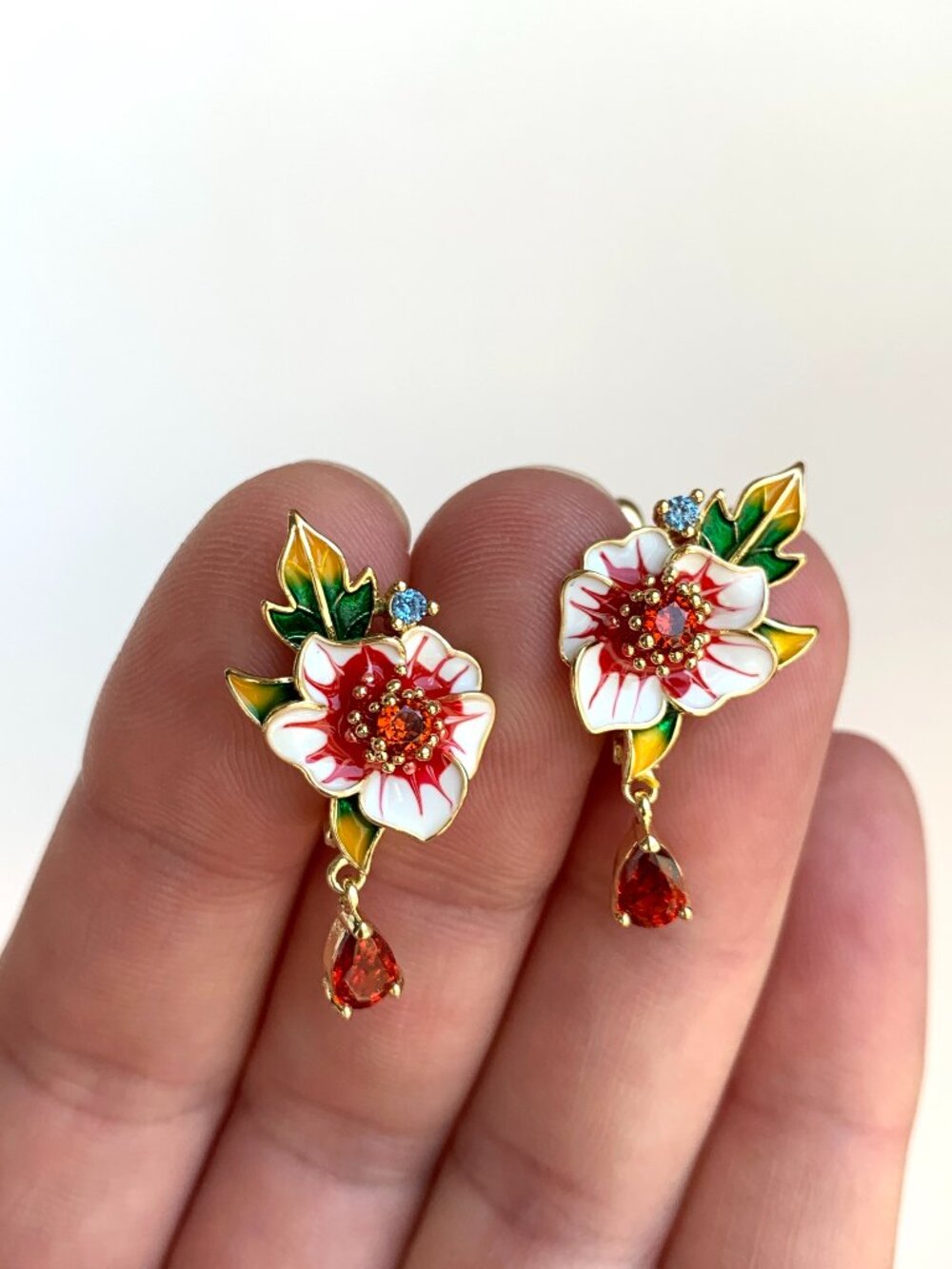NEW ~ Anthropologie Enamel Flower Crystal Drop Lever Back Earrings - Picture 2 of 16